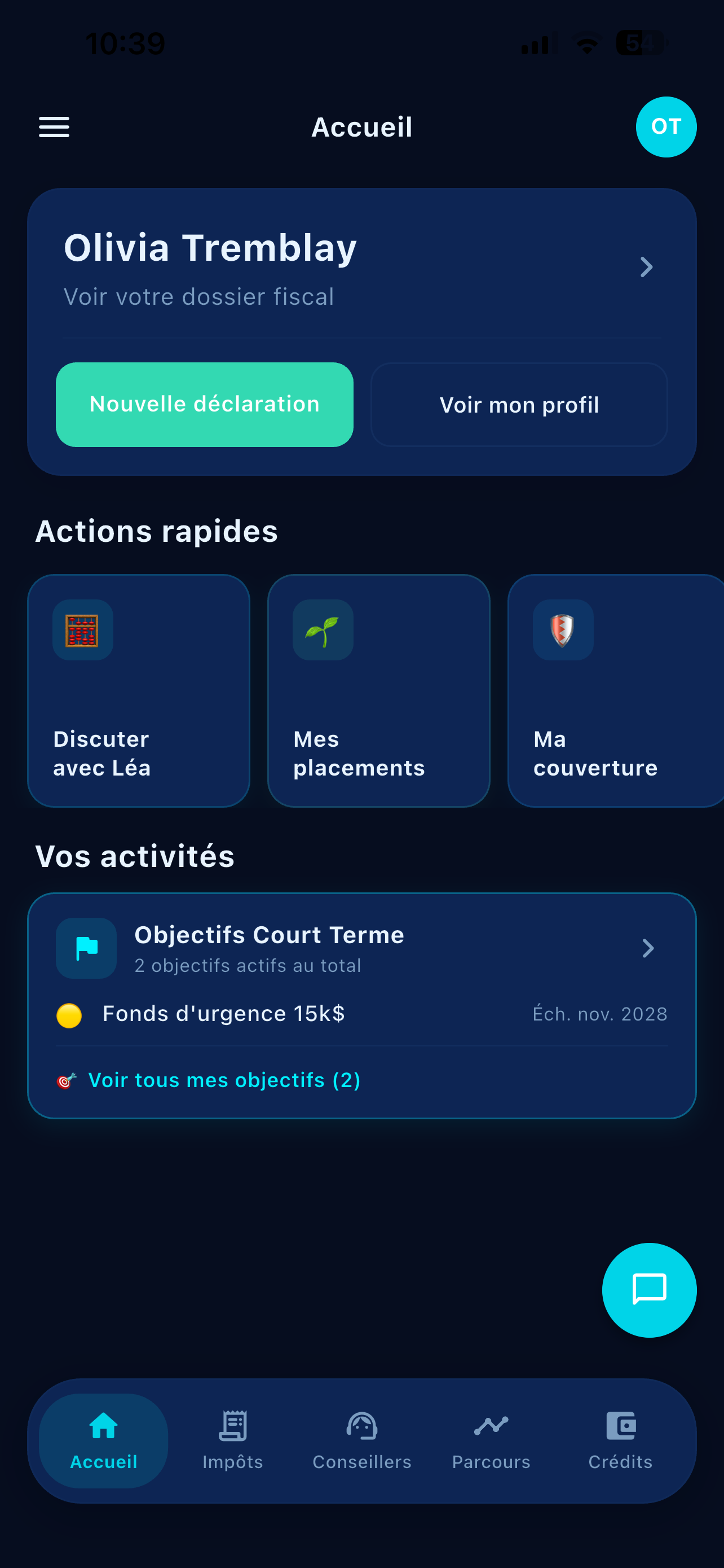 Écran d'accueil de l'app Nora