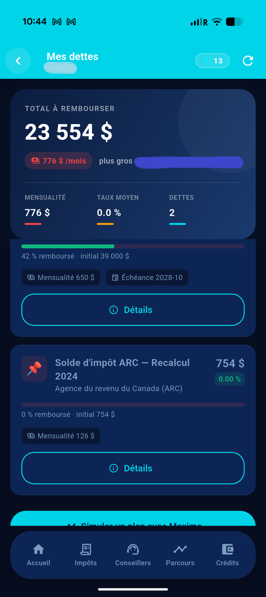 Mes dettes — solde et plan de remboursement
