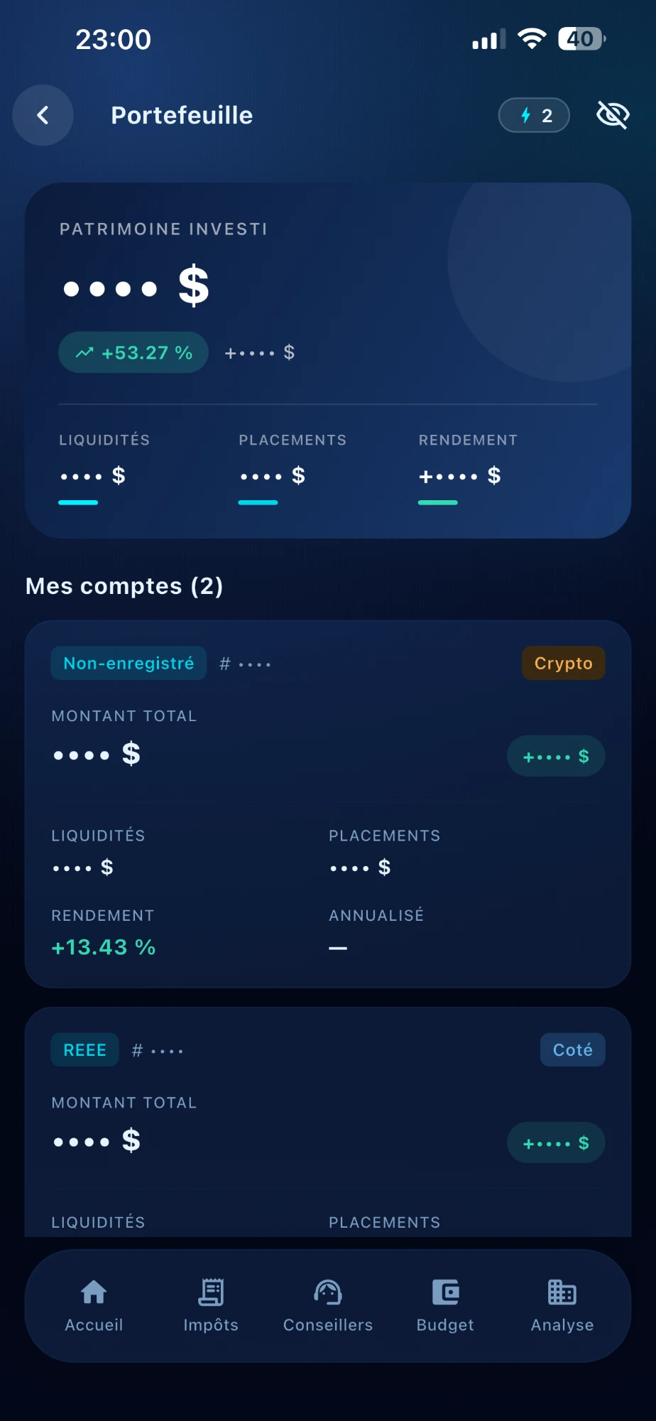Portefeuille — patrimoine investi et rendement